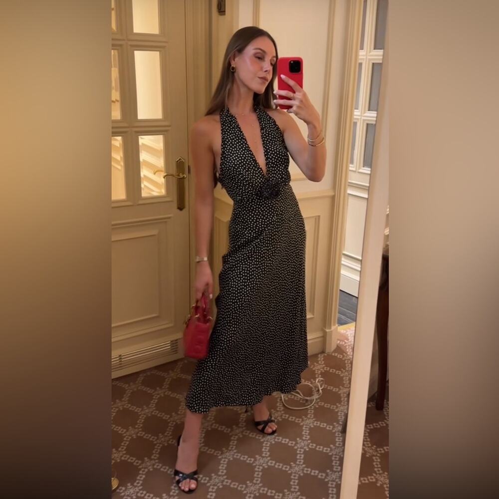 Doen Mazarin Silk Polka Dot V Neck Halter A Line Midi Dress Camille Dot Black